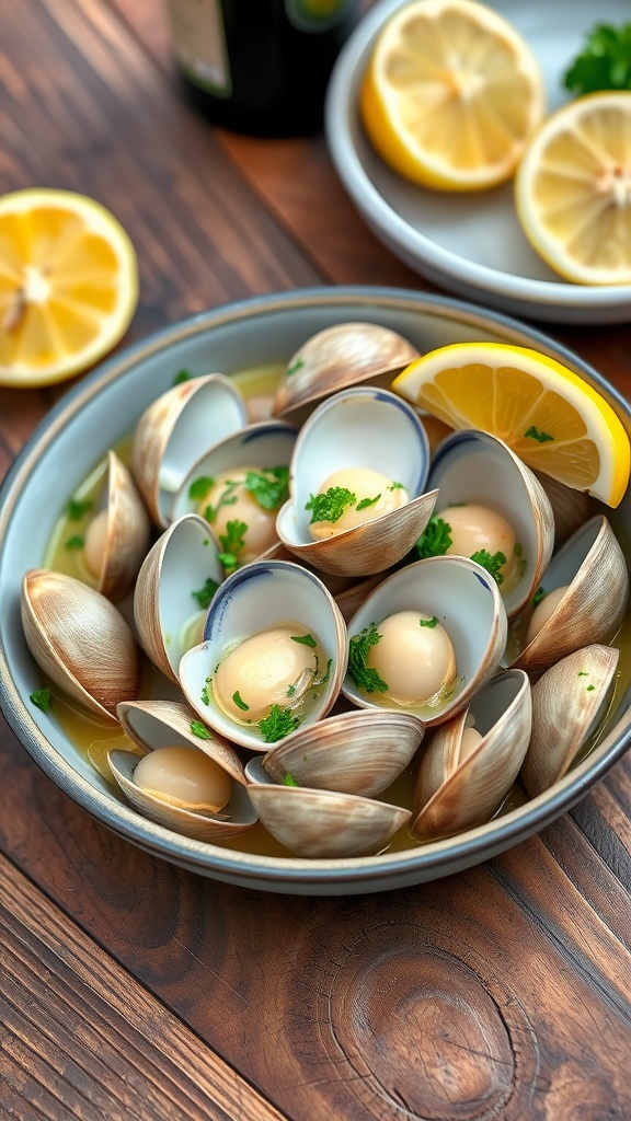 A bowl of garlic butter clams garnished with parsley and lemon wedges on a rustic table.